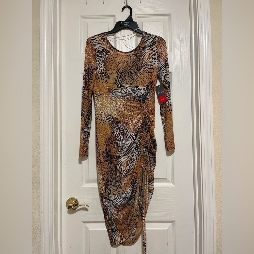Cheetah/Animal Print Ruched Long-Sleeve Dress